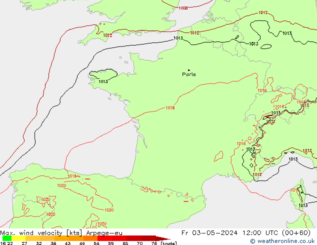 Max. wind velocity Arpege-eu Fr 03.05.2024 12 UTC