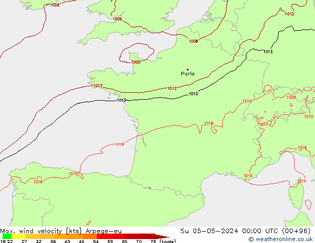 Max. wind snelheid Arpege-eu zo 05.05.2024 00 UTC