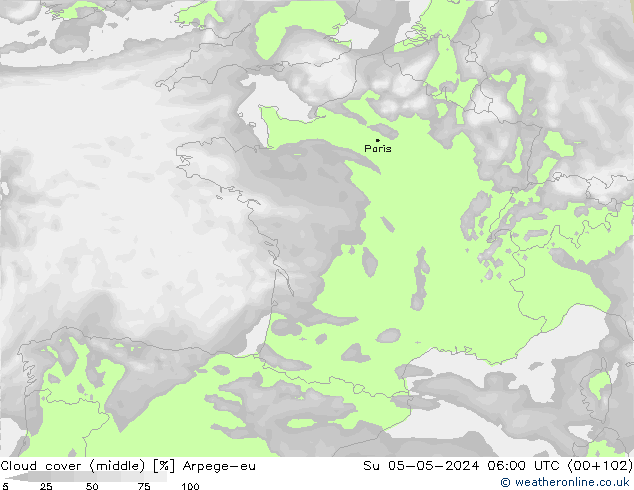 Cloud cover (middle) Arpege-eu Su 05.05.2024 06 UTC