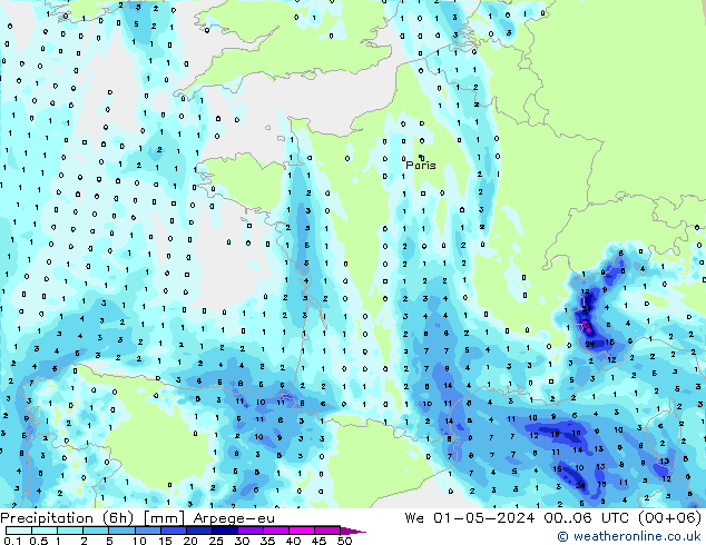 Precipitation (6h) Arpege-eu We 01.05.2024 06 UTC