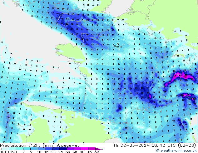 Precipitation (12h) Arpege-eu Th 02.05.2024 12 UTC