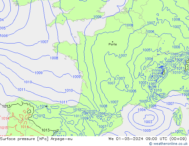 Surface pressure Arpege-eu We 01.05.2024 09 UTC