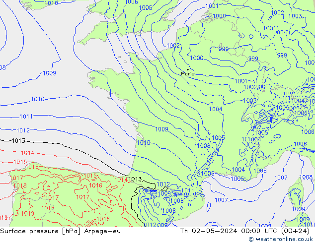 Surface pressure Arpege-eu Th 02.05.2024 00 UTC