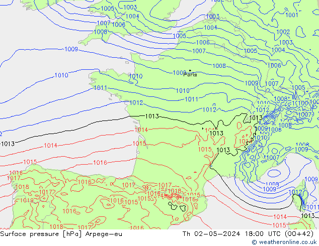 Surface pressure Arpege-eu Th 02.05.2024 18 UTC