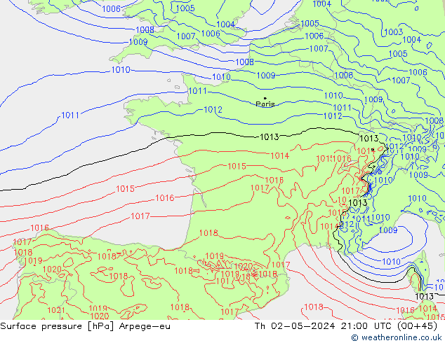 Surface pressure Arpege-eu Th 02.05.2024 21 UTC