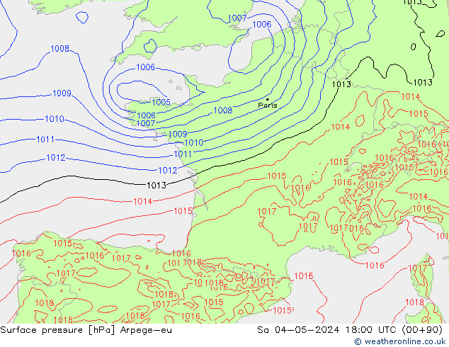 Pressione al suolo Arpege-eu sab 04.05.2024 18 UTC