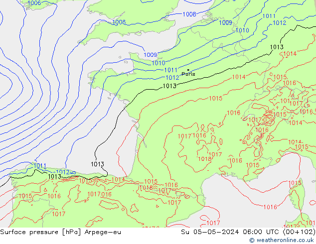 Presión superficial Arpege-eu dom 05.05.2024 06 UTC