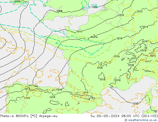 Theta-e 850hPa Arpege-eu dom 05.05.2024 06 UTC