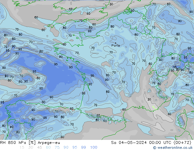 RH 850 hPa Arpege-eu Sa 04.05.2024 00 UTC