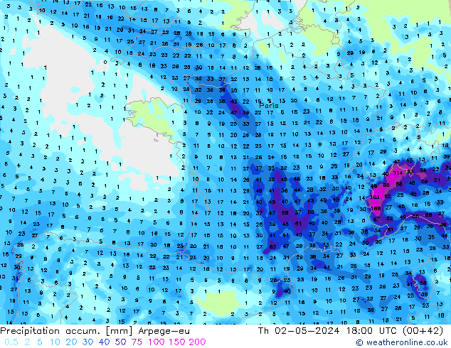 Precipitation accum. Arpege-eu Th 02.05.2024 18 UTC