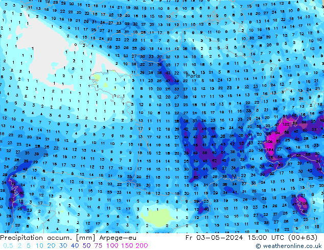 Totale neerslag Arpege-eu vr 03.05.2024 15 UTC