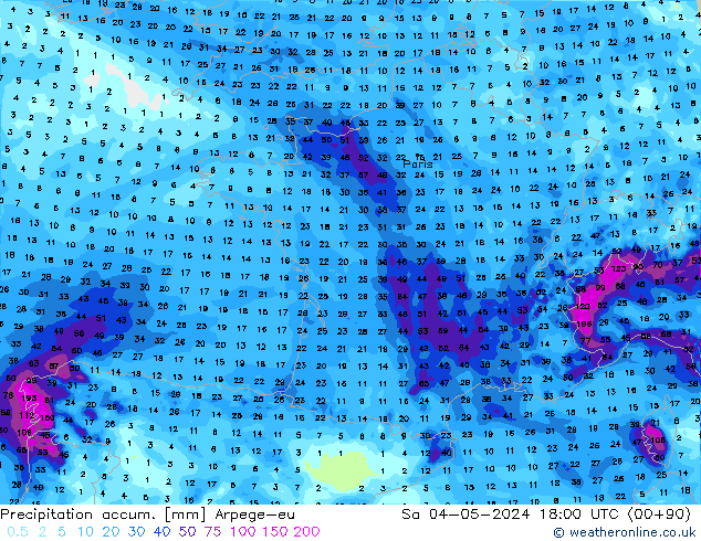 Precipitation accum. Arpege-eu Sa 04.05.2024 18 UTC