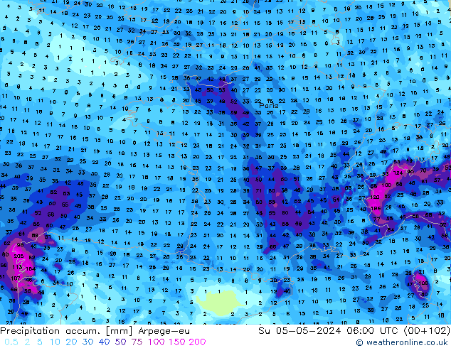 Precipitation accum. Arpege-eu Su 05.05.2024 06 UTC