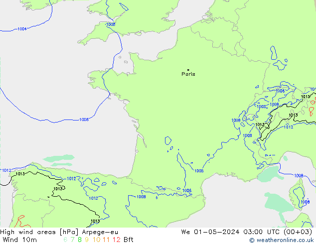 High wind areas Arpege-eu mié 01.05.2024 03 UTC