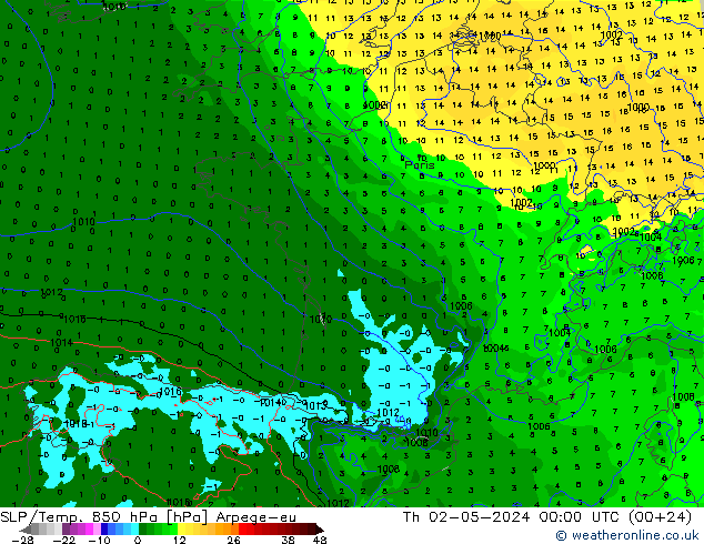 850 hPa Yer Bas./Sıc Arpege-eu Per 02.05.2024 00 UTC