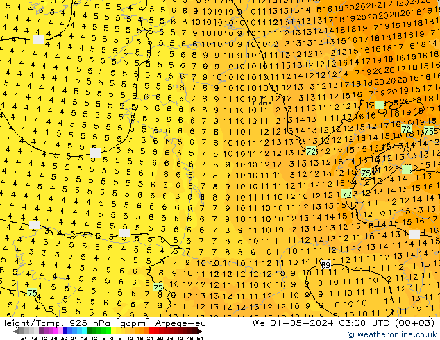 Height/Temp. 925 hPa Arpege-eu We 01.05.2024 03 UTC