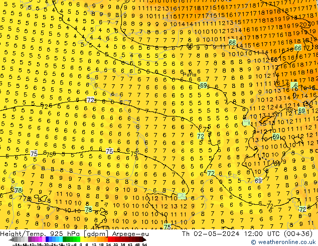 Height/Temp. 925 hPa Arpege-eu Qui 02.05.2024 12 UTC