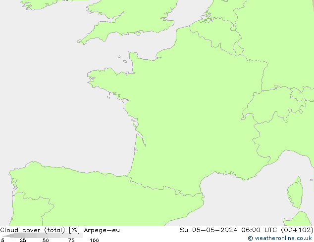 Cloud cover (total) Arpege-eu Su 05.05.2024 06 UTC