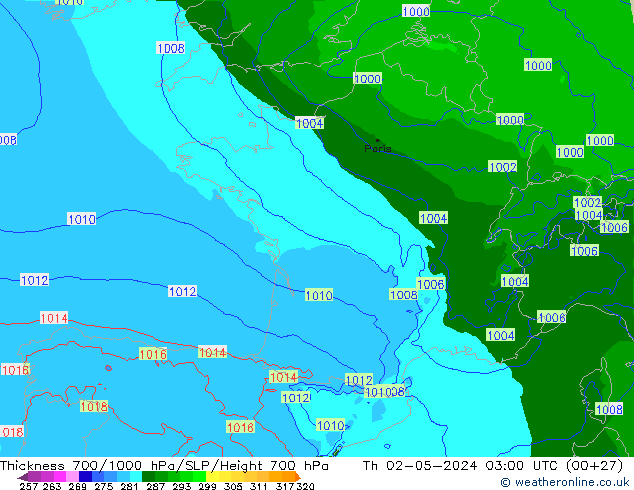 Thck 700-1000 hPa Arpege-eu Qui 02.05.2024 03 UTC