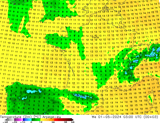 Sıcaklık Haritası (2m) Arpege-eu Çar 01.05.2024 03 UTC