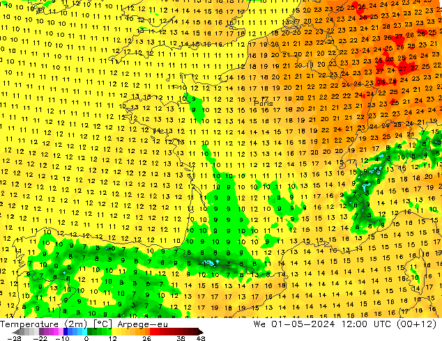 Temperatura (2m) Arpege-eu mié 01.05.2024 12 UTC