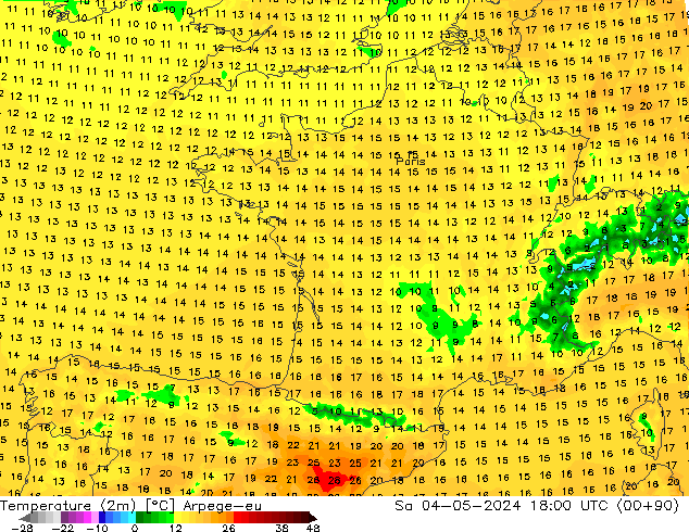 Temperatura (2m) Arpege-eu sab 04.05.2024 18 UTC