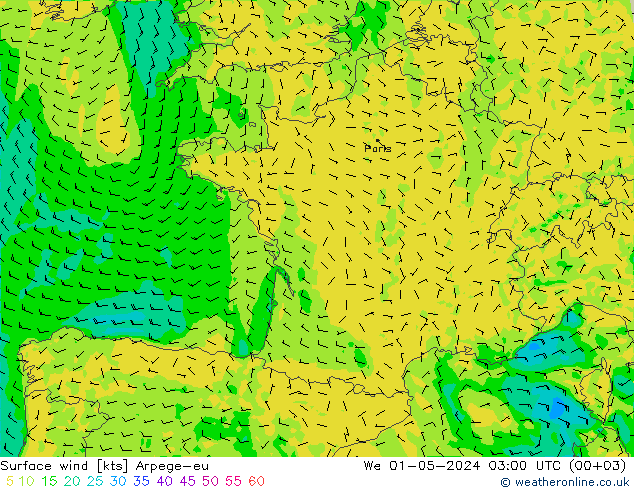 Vent 10 m Arpege-eu mer 01.05.2024 03 UTC