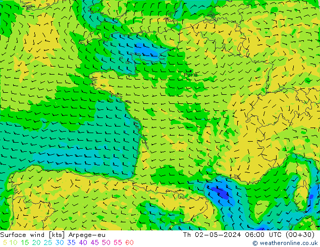 Wind 10 m Arpege-eu do 02.05.2024 06 UTC