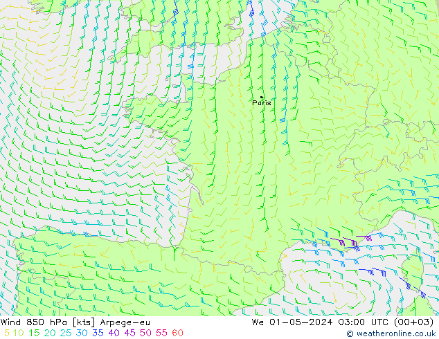 Wind 850 hPa Arpege-eu St 01.05.2024 03 UTC