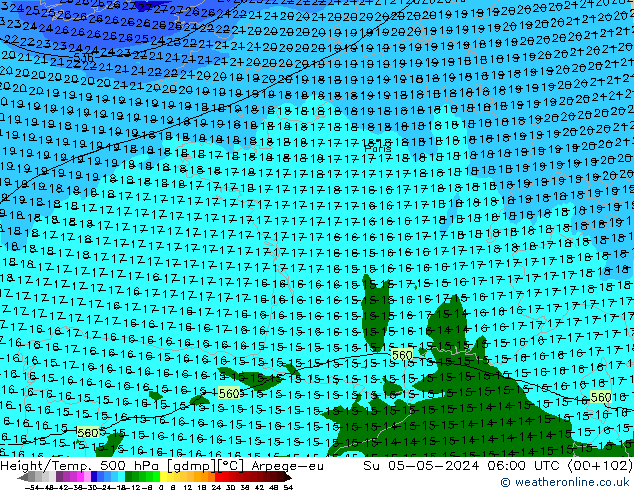 Height/Temp. 500 hPa Arpege-eu nie. 05.05.2024 06 UTC