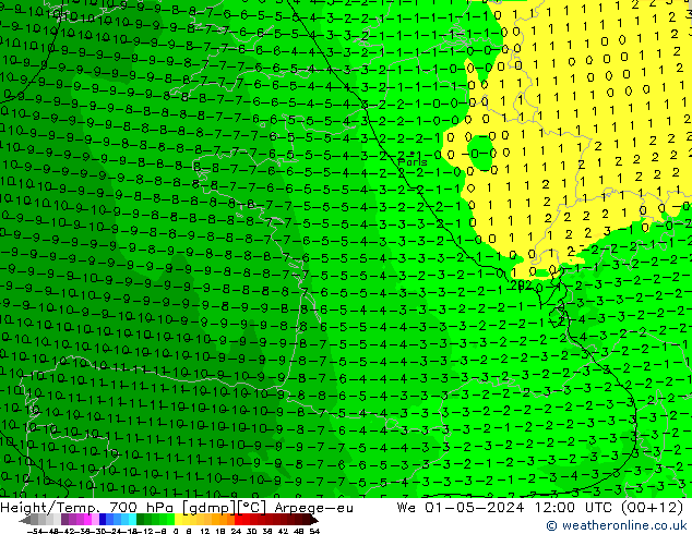 Yükseklik/Sıc. 700 hPa Arpege-eu Çar 01.05.2024 12 UTC