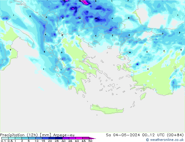 осадки (12h) Arpege-eu сб 04.05.2024 12 UTC