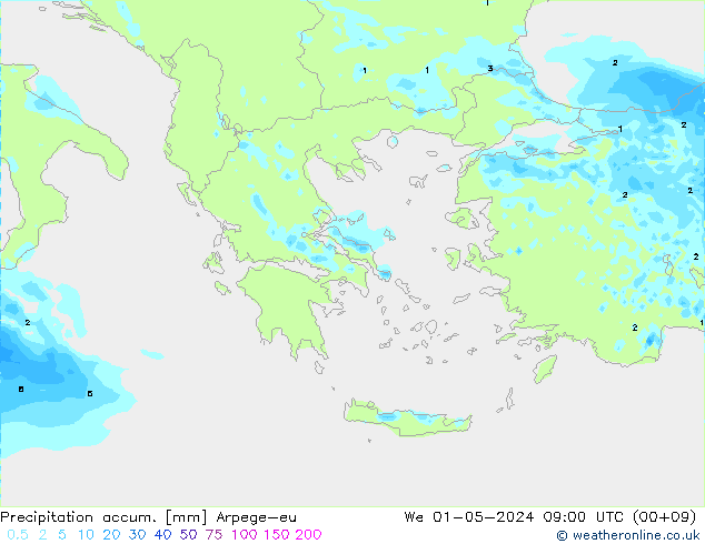 Totale neerslag Arpege-eu wo 01.05.2024 09 UTC