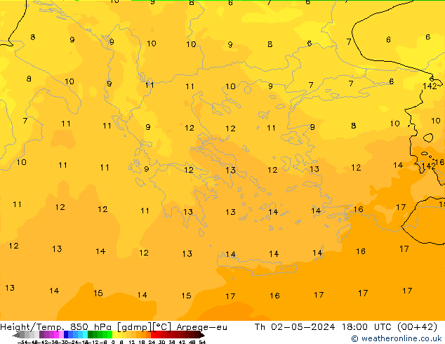 Height/Temp. 850 гПа Arpege-eu чт 02.05.2024 18 UTC