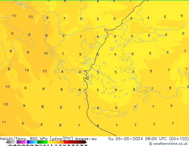 Height/Temp. 850 hPa Arpege-eu nie. 05.05.2024 06 UTC