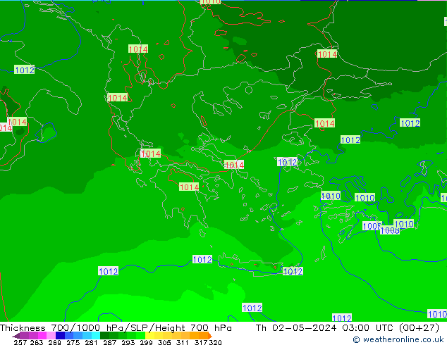 Thck 700-1000 гПа Arpege-eu чт 02.05.2024 03 UTC