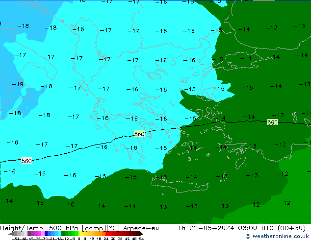 Height/Temp. 500 hPa Arpege-eu Čt 02.05.2024 06 UTC