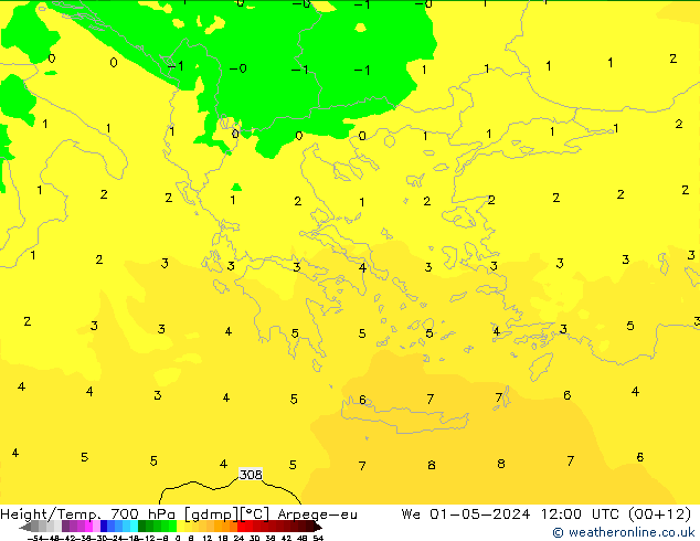 Geop./Temp. 700 hPa Arpege-eu mié 01.05.2024 12 UTC