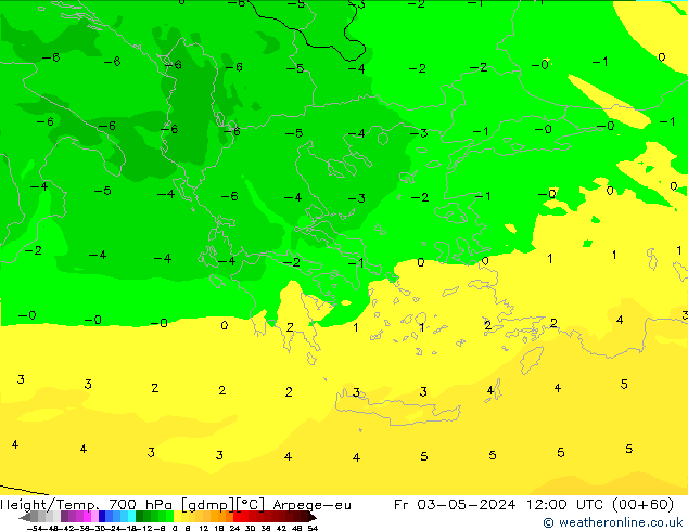 Géop./Temp. 700 hPa Arpege-eu ven 03.05.2024 12 UTC