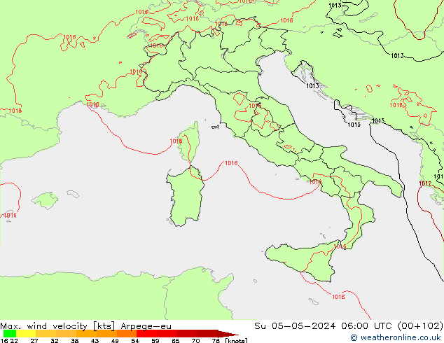 Max. wind velocity Arpege-eu Su 05.05.2024 06 UTC