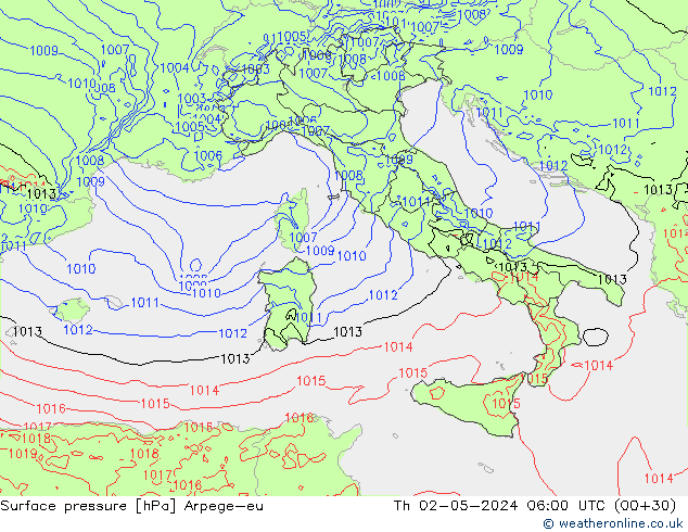 Presión superficial Arpege-eu jue 02.05.2024 06 UTC