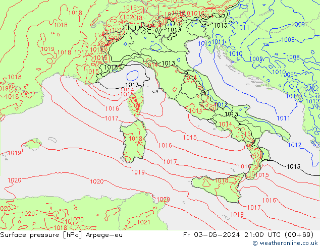 Presión superficial Arpege-eu vie 03.05.2024 21 UTC