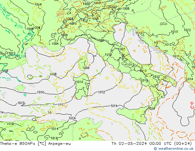 Theta-e 850hPa Arpege-eu Th 02.05.2024 00 UTC