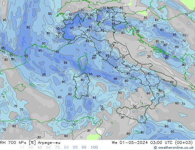 Humidité rel. 700 hPa Arpege-eu mer 01.05.2024 03 UTC