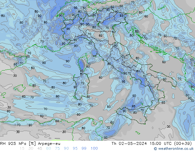 Humedad rel. 925hPa Arpege-eu jue 02.05.2024 15 UTC