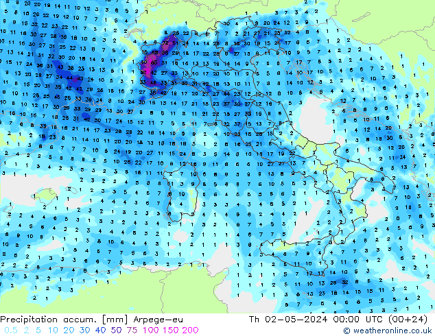 Precipitation accum. Arpege-eu Th 02.05.2024 00 UTC