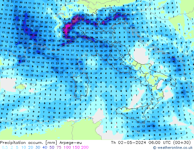 Precipitation accum. Arpege-eu czw. 02.05.2024 06 UTC