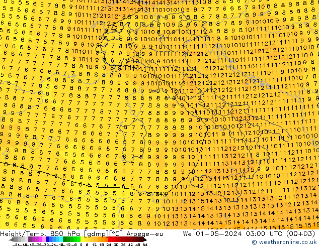 Height/Temp. 850 hPa Arpege-eu mer 01.05.2024 03 UTC