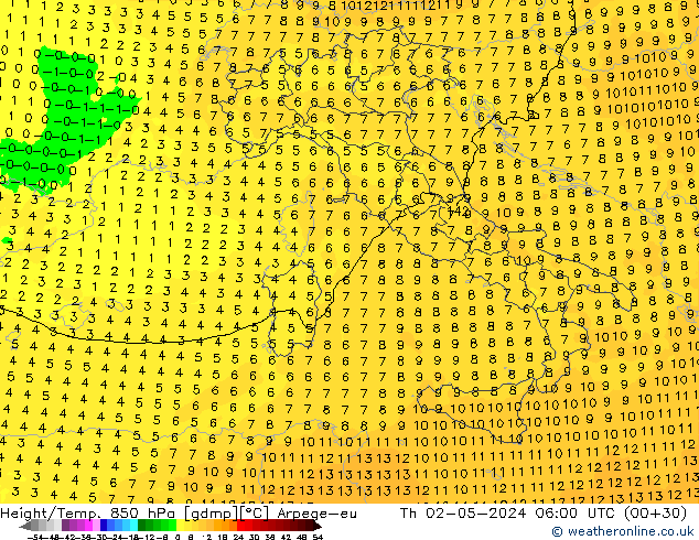 Height/Temp. 850 hPa Arpege-eu Th 02.05.2024 06 UTC