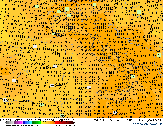 Height/Temp. 925 hPa Arpege-eu Qua 01.05.2024 03 UTC